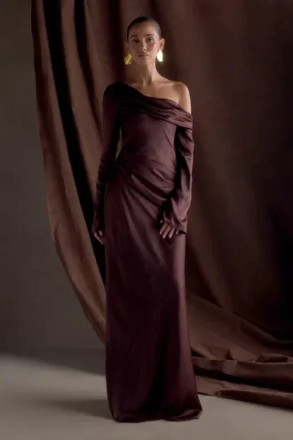 Iris Long Sleeve Satin Maxi Dress – Dark Chocolate