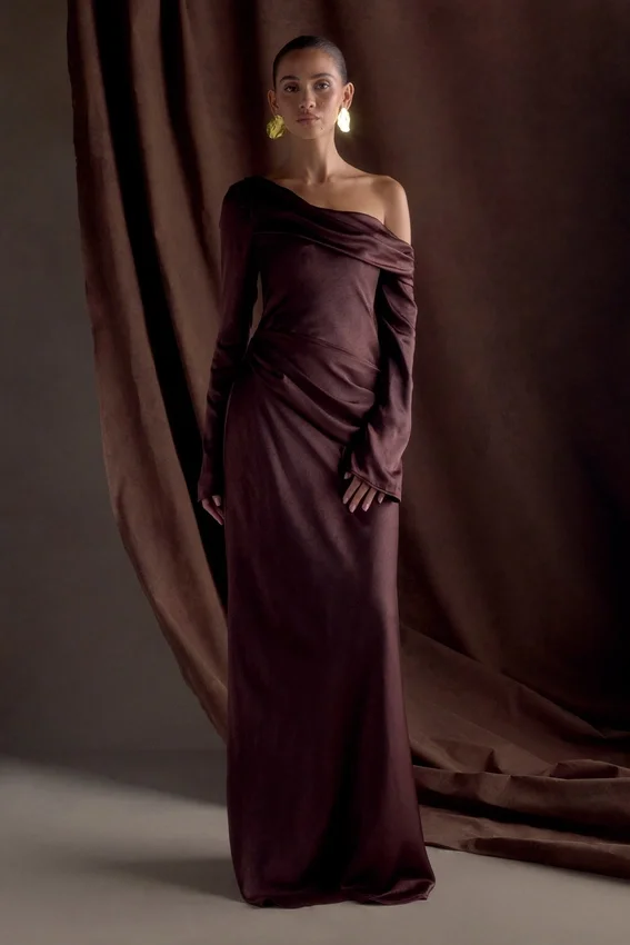 Iris Long Sleeve Satin Maxi Dress – Dark Chocolate Iris Long Sleeve Satin Maxi Dress – Dark Chocolate
