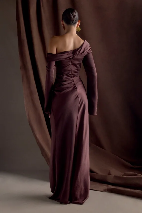 Iris Long Sleeve Satin Maxi Dress – Dark Chocolate Iris Long Sleeve Satin Maxi Dress – Dark Chocolate