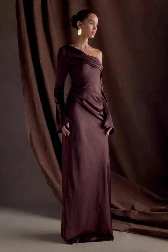 Iris Long Sleeve Satin Maxi Dress – Dark Chocolate Iris Long Sleeve Satin Maxi Dress – Dark Chocolate