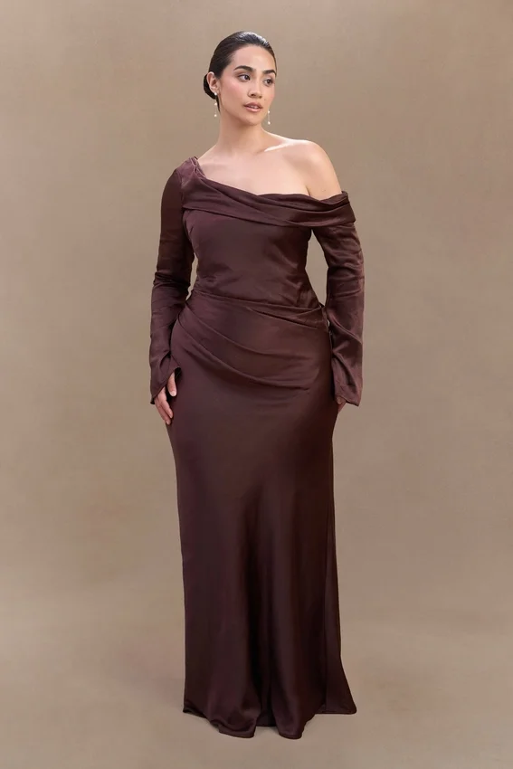 Iris Long Sleeve Satin Maxi Dress – Dark Chocolate Iris Long Sleeve Satin Maxi Dress – Dark Chocolate