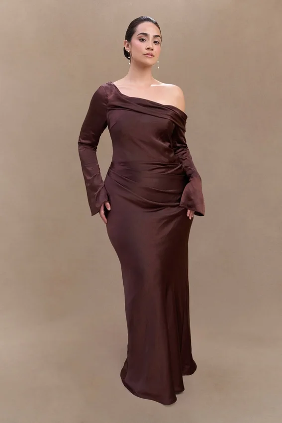 Iris Long Sleeve Satin Maxi Dress – Dark Chocolate Iris Long Sleeve Satin Maxi Dress – Dark Chocolate