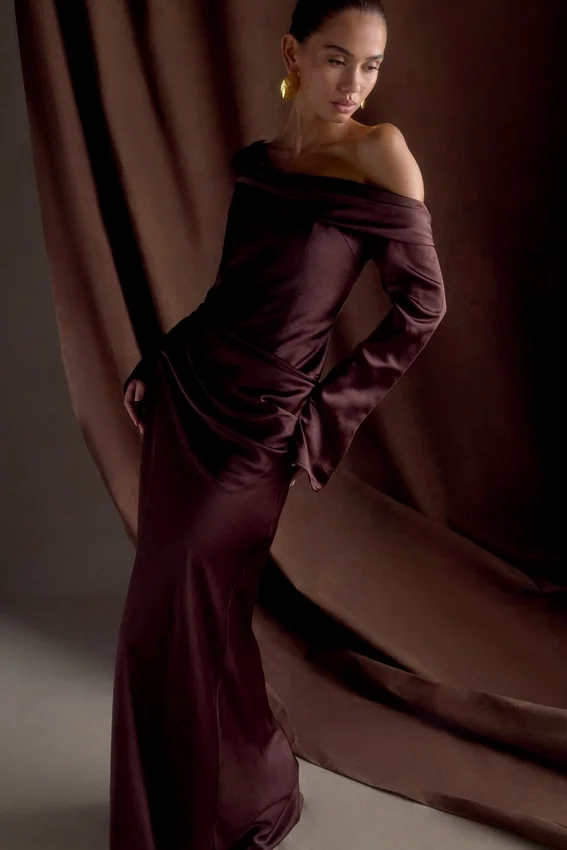 Iris Long Sleeve Satin Maxi Dress – Dark Chocolate Iris Long Sleeve Satin Maxi Dress – Dark Chocolate