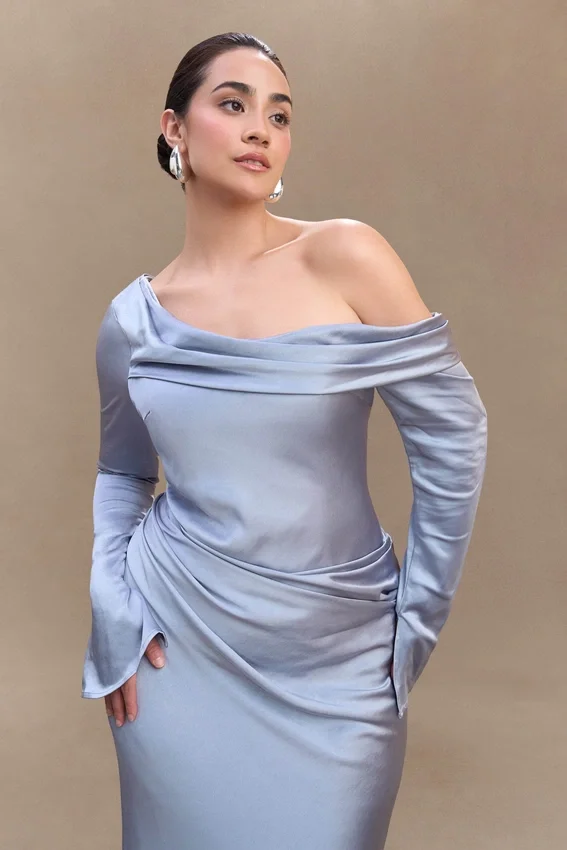 Iris Long Sleeve Satin Maxi Dress – Frosted Blue Iris Long Sleeve Satin Maxi Dress – Frosted Blue