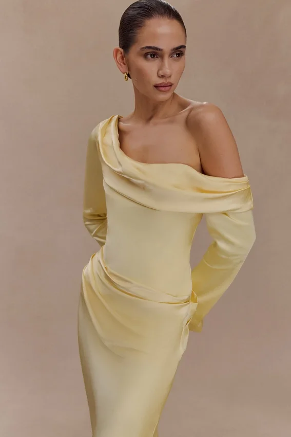 Iris Long Sleeve Satin Maxi Dress – Lemon Iris Long Sleeve Satin Maxi Dress – Lemon