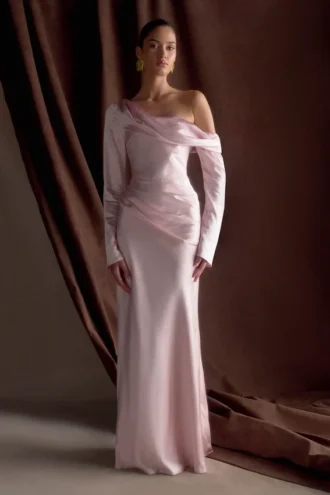 Iris Long Sleeve Satin Maxi Dress – Soft Pink