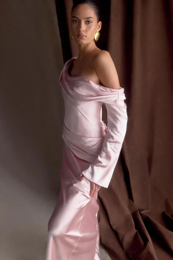 Iris Long Sleeve Satin Maxi Dress – Soft Pink Iris Long Sleeve Satin Maxi Dress – Soft Pink