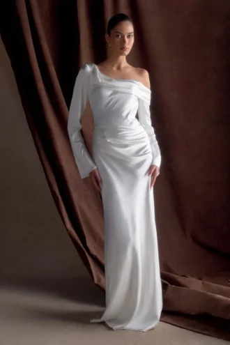 Iris Long Sleeve Satin Maxi Dress – White