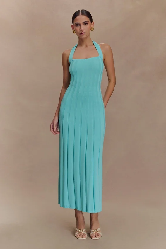 Jacqui Halter Knit Midi Dress – Cyan Blue Jacqui Halter Knit Midi Dress – Cyan Blue