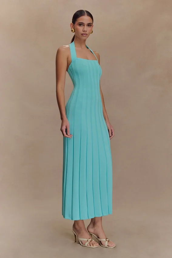 Jacqui Halter Knit Midi Dress – Cyan Blue Jacqui Halter Knit Midi Dress – Cyan Blue