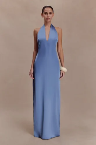 Jade Satin Halter Maxi Dress – Steel Blue