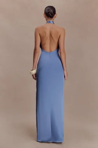 Jade Satin Halter Maxi Dress – Steel Blue
