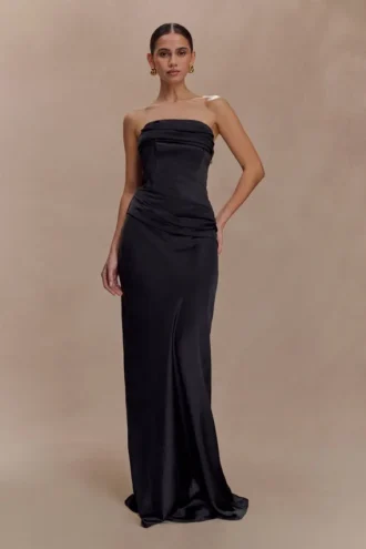 Jasmine Strapless Satin Maxi Dress – Black