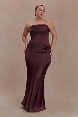 Jasmine Strapless Satin Maxi Dress – Dark Chocolate