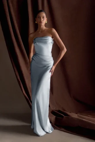 Jasmine Strapless Satin Maxi Dress – Frosted Blue