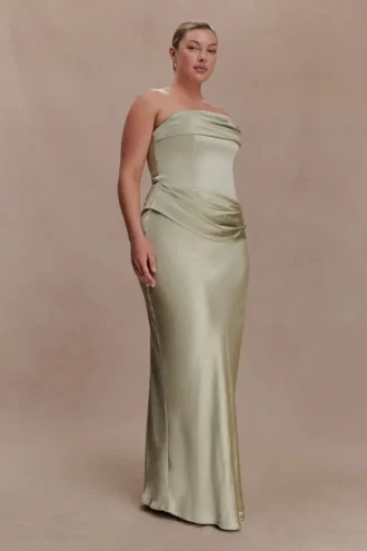 Jasmine Strapless Satin Maxi Dress – Sage