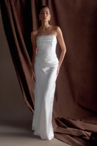 Jasmine Strapless Satin Maxi Dress – White