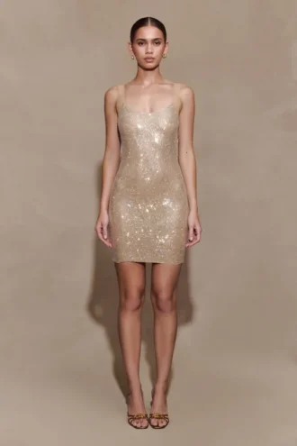 Jasmyn Hot Fix Mini Dress With Mesh Back – Nude