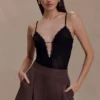 Jasper Sheer Plunge Lace Bodysuit – Black