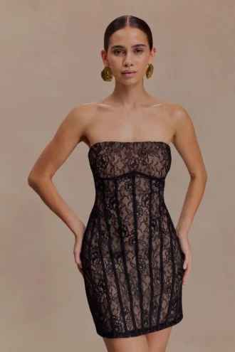 Jeannette Panelled Lace Mini Dress – Black