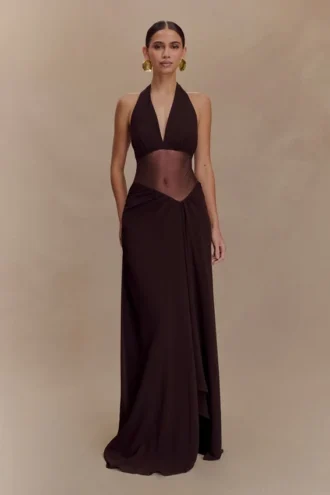 Jonna Chiffon And Mesh Maxi Dress – Dark Chocolate