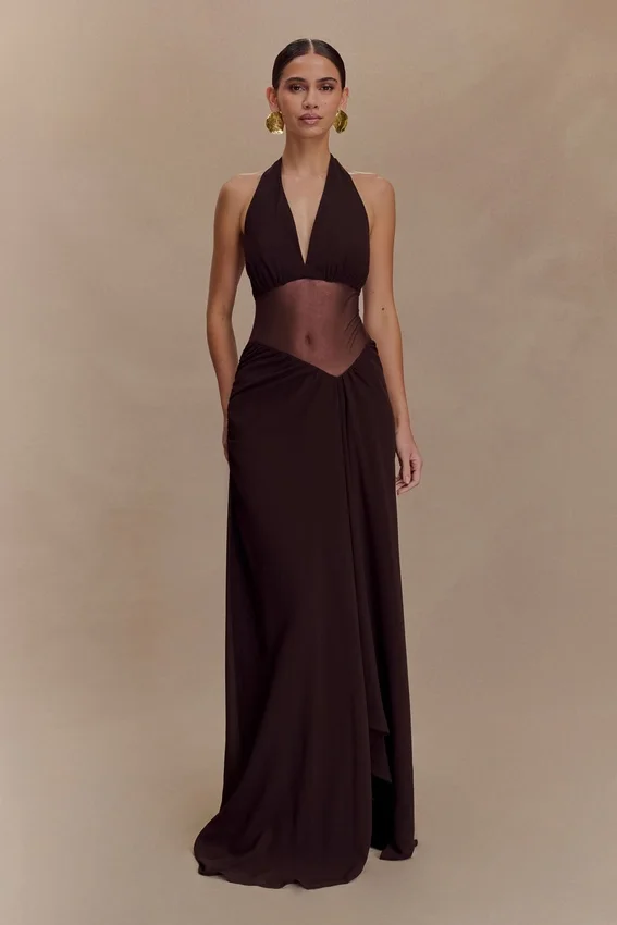 Jonna Chiffon And Mesh Maxi Dress – Dark Chocolate Jonna Chiffon And Mesh Maxi Dress – Dark Chocolate