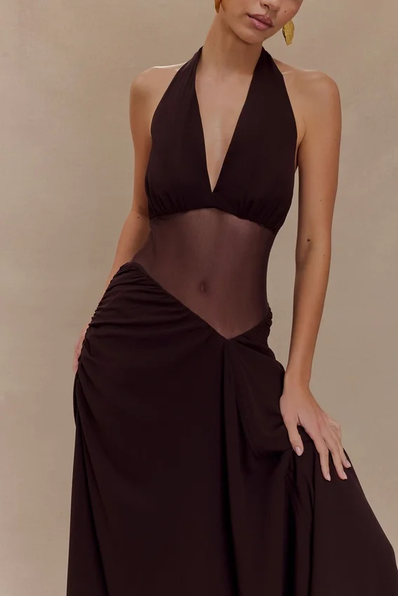 Jonna Chiffon And Mesh Maxi Dress – Dark Chocolate Jonna Chiffon And Mesh Maxi Dress – Dark Chocolate