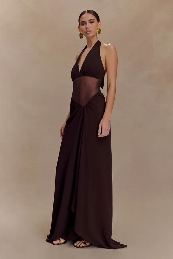 Jonna Chiffon And Mesh Maxi Dress – Dark Chocolate Jonna Chiffon And Mesh Maxi Dress – Dark Chocolate