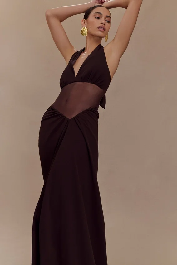 Jonna Chiffon And Mesh Maxi Dress – Dark Chocolate Jonna Chiffon And Mesh Maxi Dress – Dark Chocolate