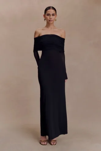 Josie Off Shoulder Mesh Maxi Dress – Black