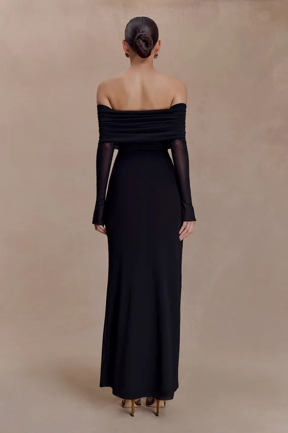 Josie Off Shoulder Mesh Maxi Dress – Black Josie Off Shoulder Mesh Maxi Dress – Black