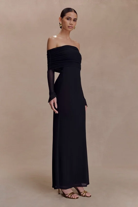 Josie Off Shoulder Mesh Maxi Dress – Black Josie Off Shoulder Mesh Maxi Dress – Black