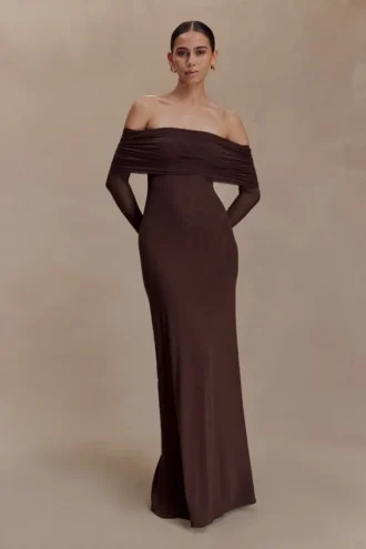 Josie Off Shoulder Mesh Maxi Dress – Dark Brown