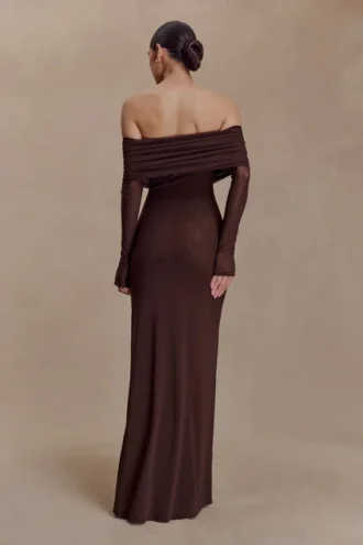 Josie Off Shoulder Mesh Maxi Dress – Dark Brown