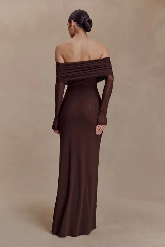 Josie Off Shoulder Mesh Maxi Dress – Dark Brown Josie Off Shoulder Mesh Maxi Dress – Dark Brown