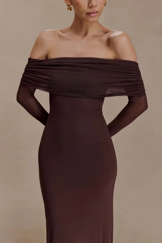 Josie Off Shoulder Mesh Maxi Dress – Dark Brown Josie Off Shoulder Mesh Maxi Dress – Dark Brown
