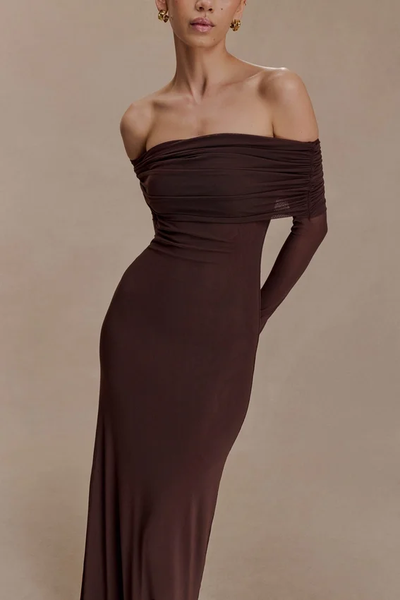 Josie Off Shoulder Mesh Maxi Dress – Dark Brown Josie Off Shoulder Mesh Maxi Dress – Dark Brown