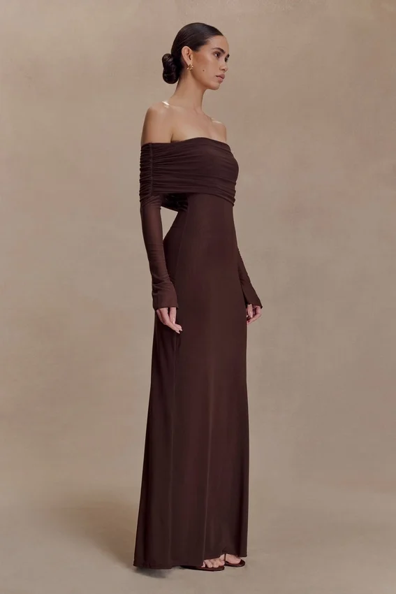 Josie Off Shoulder Mesh Maxi Dress – Dark Brown Josie Off Shoulder Mesh Maxi Dress – Dark Brown