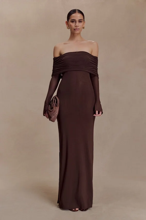 Josie Off Shoulder Mesh Maxi Dress – Dark Brown Josie Off Shoulder Mesh Maxi Dress – Dark Brown