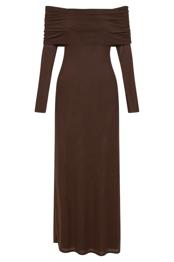 Josie Off Shoulder Mesh Maxi Dress – Dark Brown Josie Off Shoulder Mesh Maxi Dress – Dark Brown