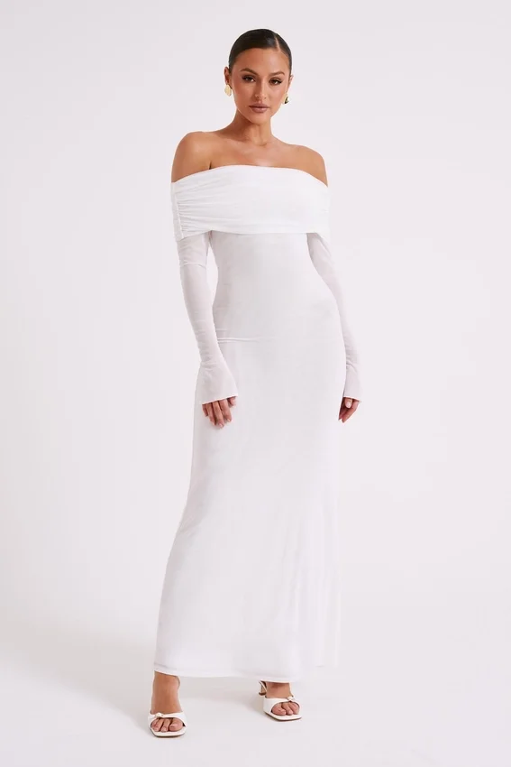 Josie Off Shoulder Mesh Maxi Dress – Ivory Josie Off Shoulder Mesh Maxi Dress – Ivory