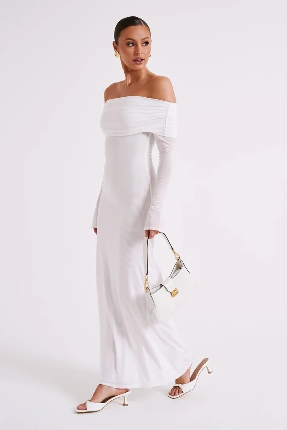 Josie Off Shoulder Mesh Maxi Dress – Ivory Josie Off Shoulder Mesh Maxi Dress – Ivory
