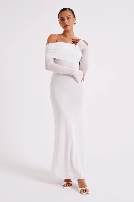Josie Off Shoulder Mesh Maxi Dress – Ivory Josie Off Shoulder Mesh Maxi Dress – Ivory