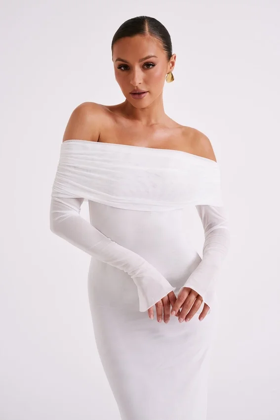 Josie Off Shoulder Mesh Maxi Dress – Ivory Josie Off Shoulder Mesh Maxi Dress – Ivory
