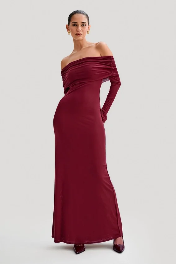 Josie Off Shoulder Mesh Maxi Dress – Wine Josie Off Shoulder Mesh Maxi Dress – Wine