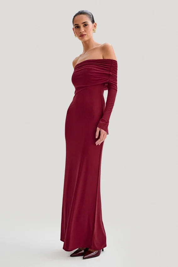 Josie Off Shoulder Mesh Maxi Dress – Wine Josie Off Shoulder Mesh Maxi Dress – Wine