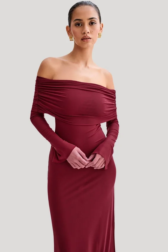 Josie Off Shoulder Mesh Maxi Dress – Wine Josie Off Shoulder Mesh Maxi Dress – Wine