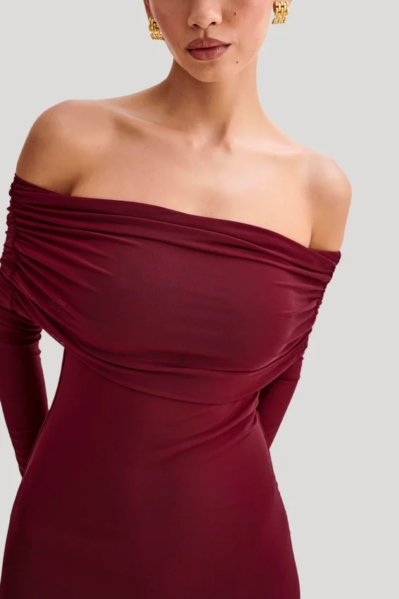 Josie Off Shoulder Mesh Maxi Dress – Wine Josie Off Shoulder Mesh Maxi Dress – Wine