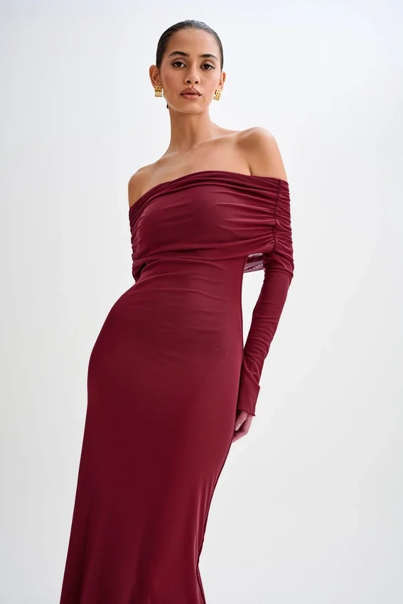 Josie Off Shoulder Mesh Maxi Dress – Wine Josie Off Shoulder Mesh Maxi Dress – Wine