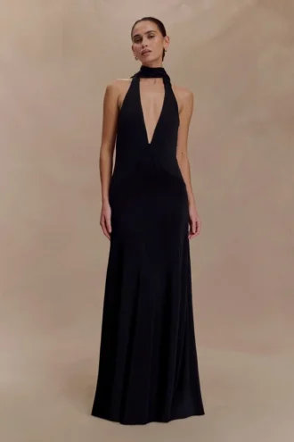 Juliet Slinky Maxi Dress With Scarf – Black